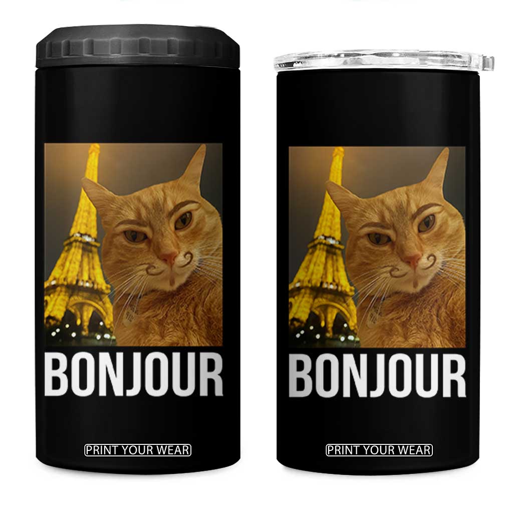 Funny Cat Bonjour 4 in 1 Can Cooler Tumbler Paris France Eiffel Tower Orange Cat Meme TS10 One Size: 16 oz Black Print Your Wear