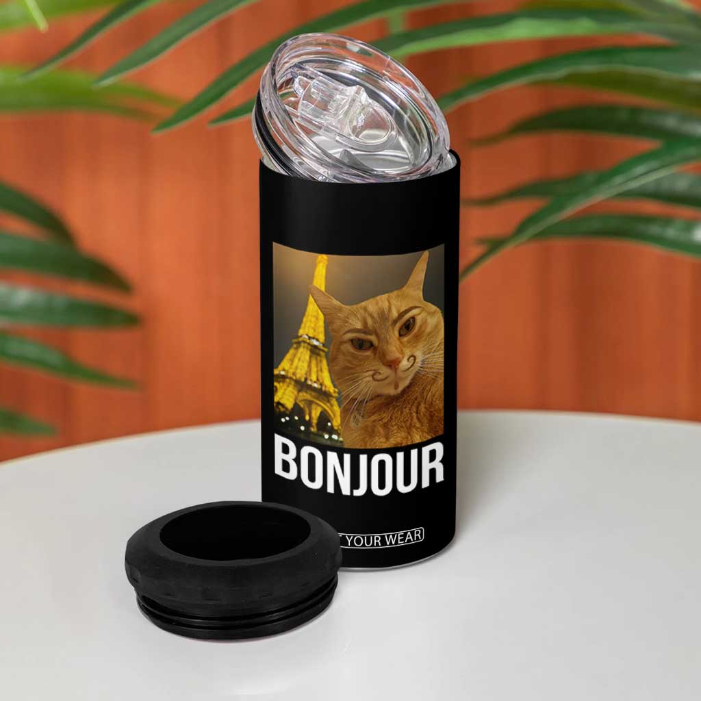Funny Cat Bonjour 4 in 1 Can Cooler Tumbler Paris France Eiffel Tower Orange Cat Meme TS10 Print Your Wear