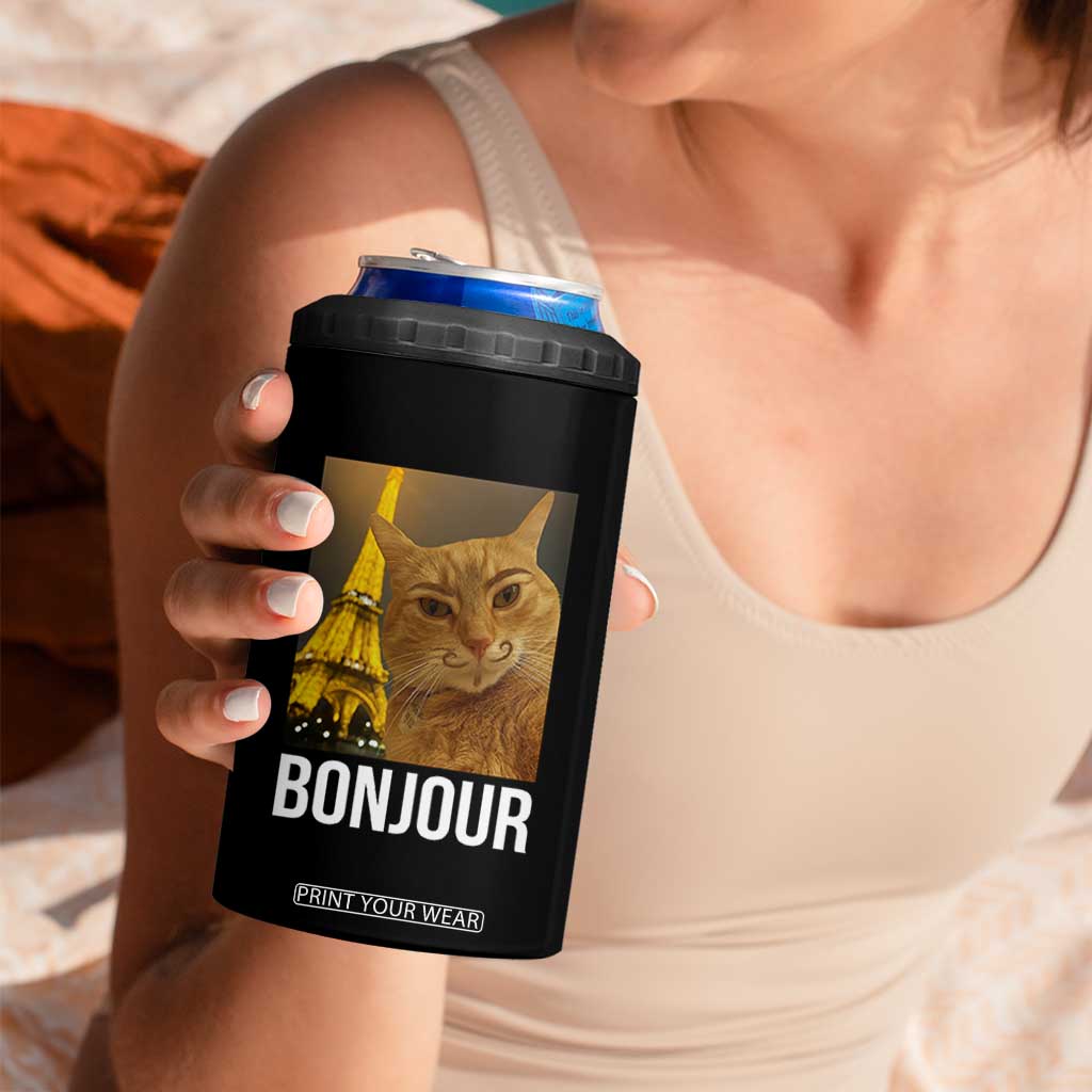 Funny Cat Bonjour 4 in 1 Can Cooler Tumbler Paris France Eiffel Tower Orange Cat Meme TS10 Print Your Wear