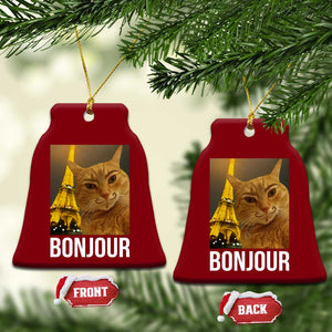 Funny Cat Bonjour Ceramic Ornament Paris France Eiffel Tower Orange Cat Meme - Print Your Wear