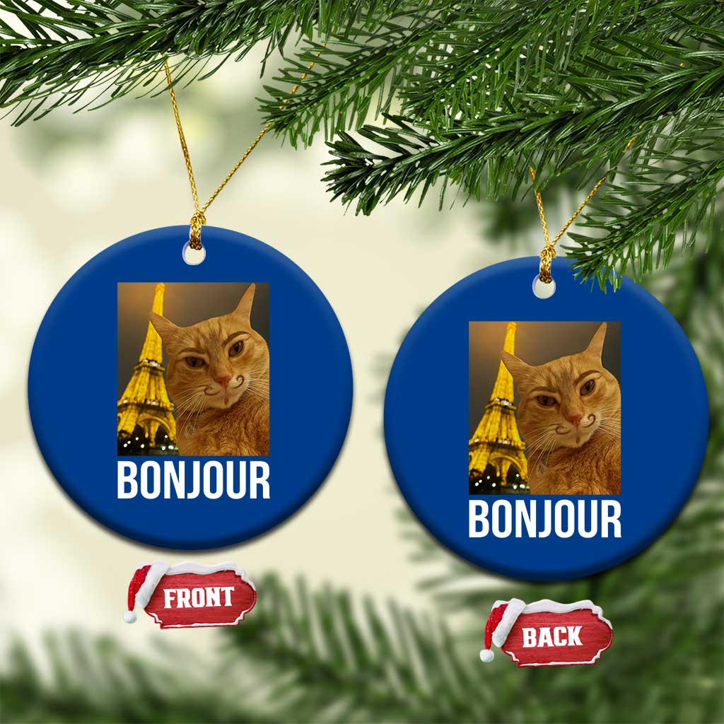 Funny Cat Bonjour Ceramic Ornament Paris France Eiffel Tower Orange Cat Meme - Print Your Wear