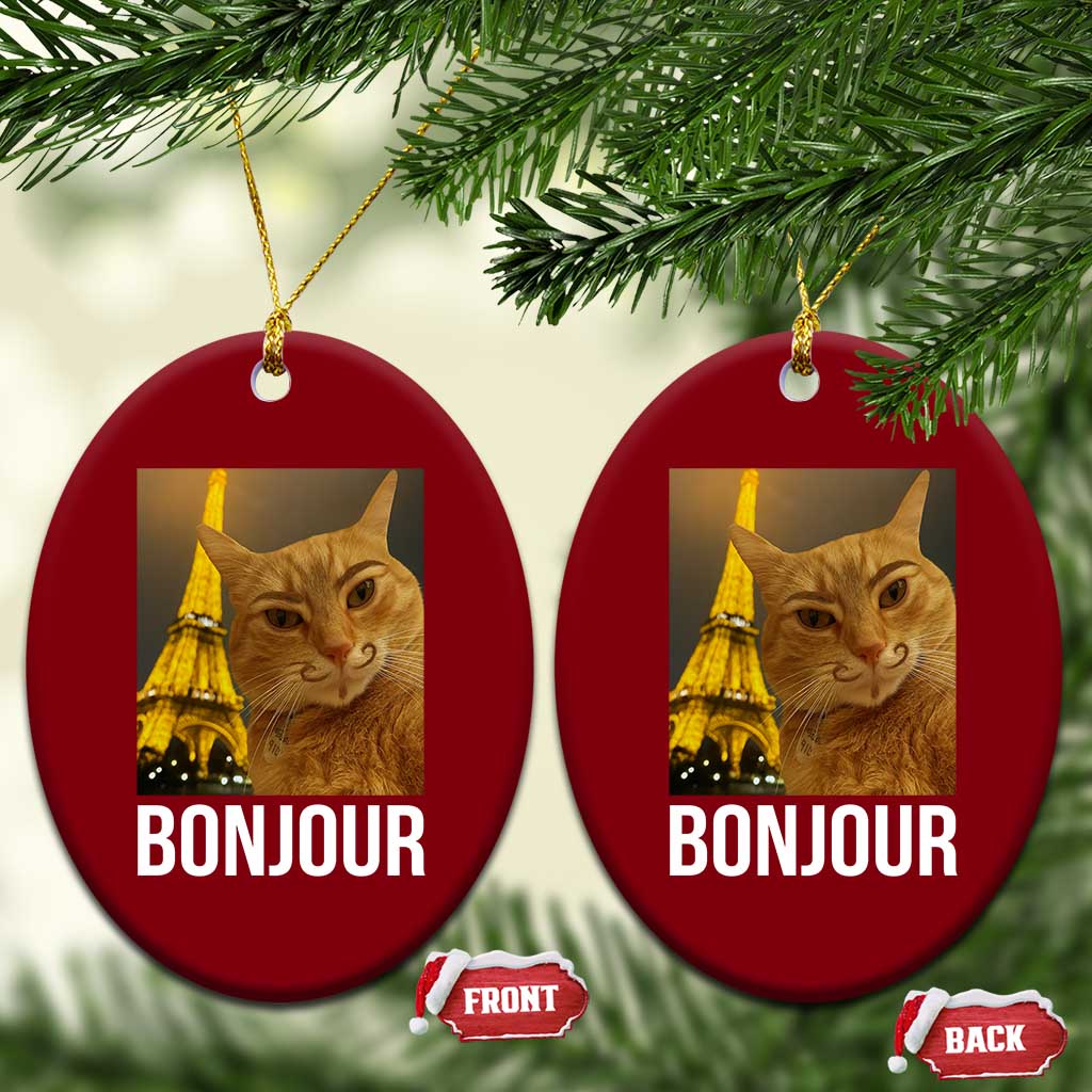 Funny Cat Bonjour Ceramic Ornament Paris France Eiffel Tower Orange Cat Meme - Print Your Wear