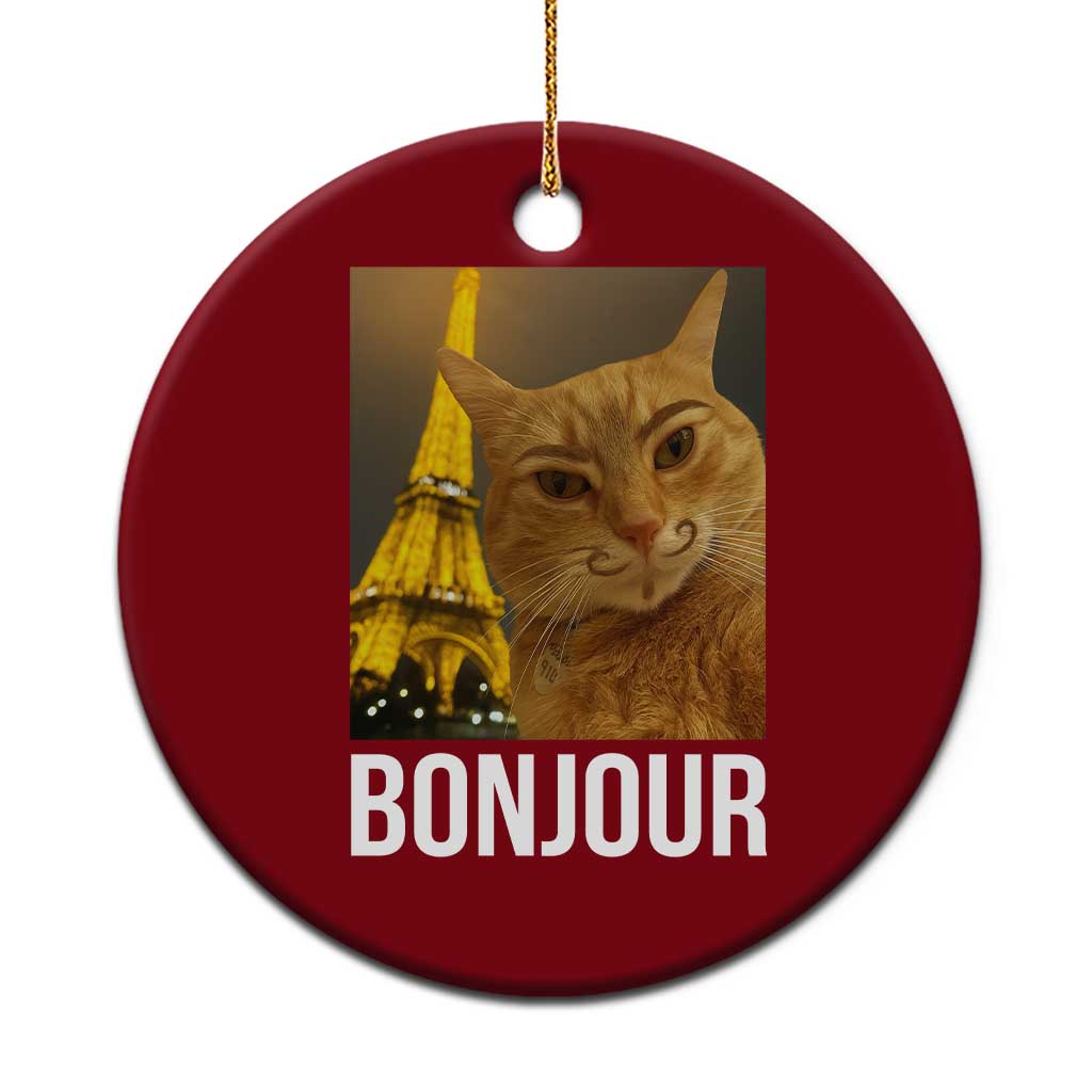 Funny Cat Bonjour Ceramic Ornament Paris France Eiffel Tower Orange Cat Meme - Print Your Wear