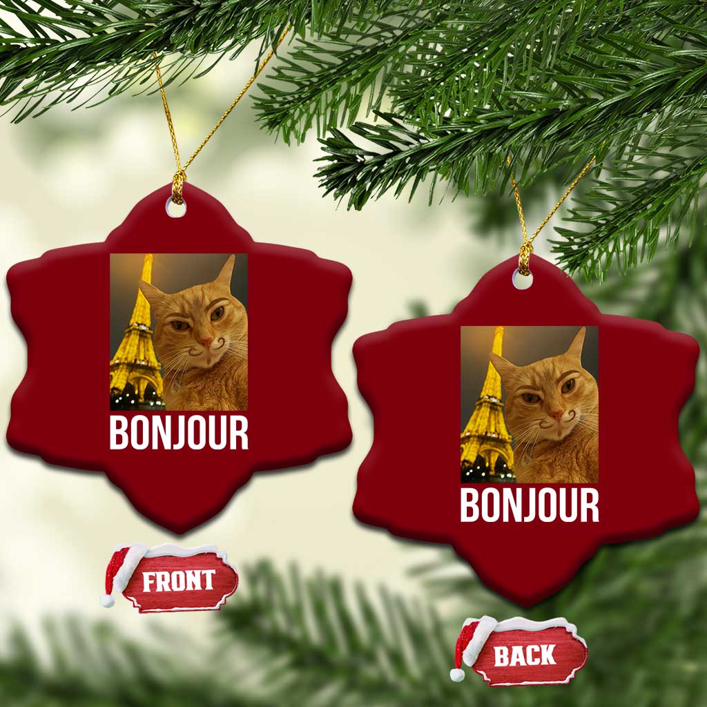 Funny Cat Bonjour Ceramic Ornament Paris France Eiffel Tower Orange Cat Meme - Print Your Wear