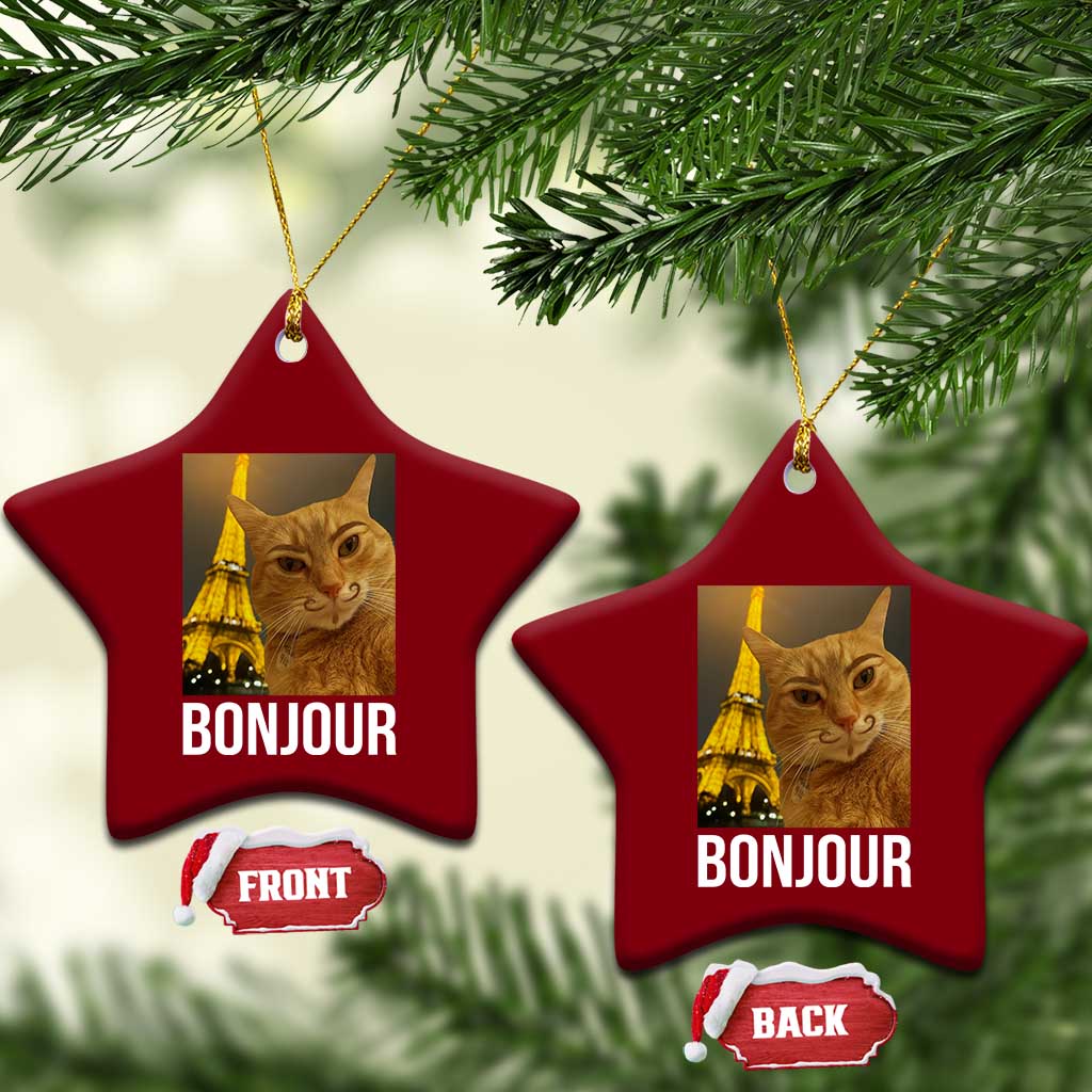 Funny Cat Bonjour Ceramic Ornament Paris France Eiffel Tower Orange Cat Meme - Print Your Wear
