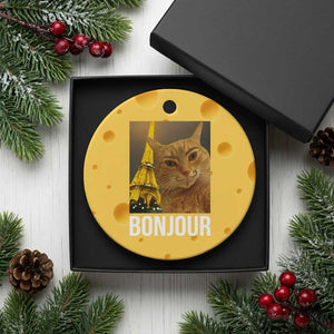 Funny Cat Bonjour Ceramic Ornament Paris France Eiffel Tower Orange Cat Meme - Print Your Wear
