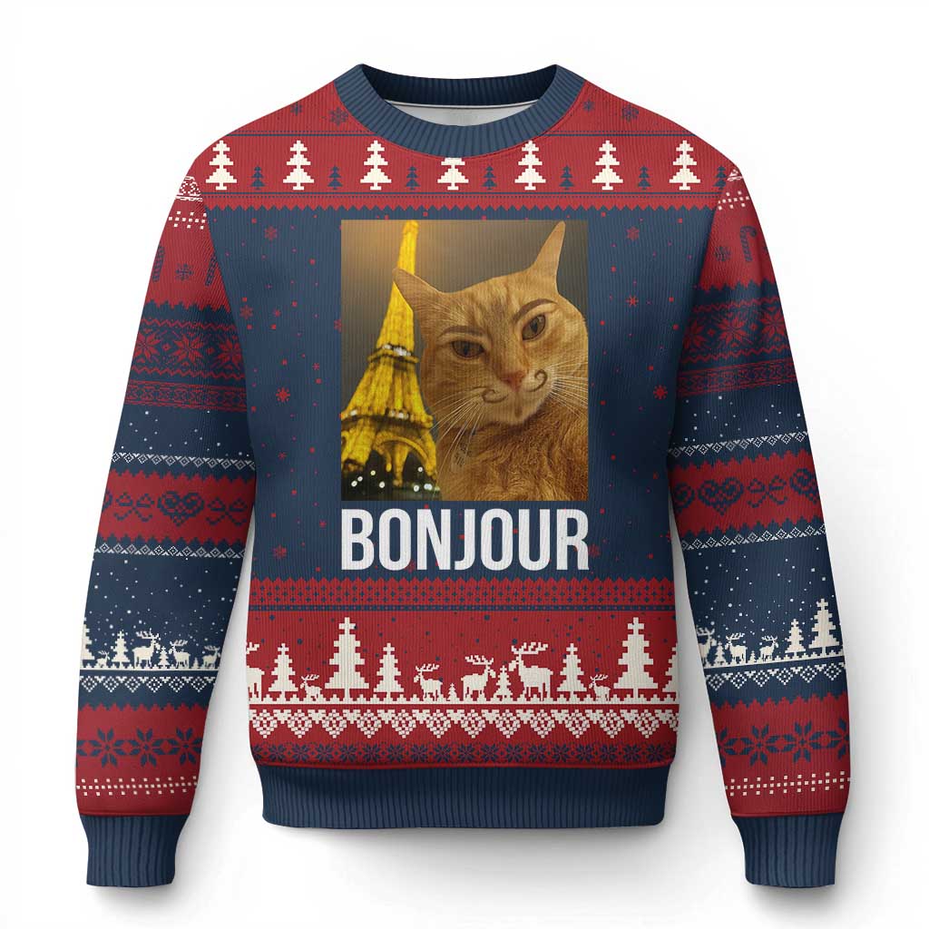 Funny Cat Bonjour Ugly Christmas Sweater Paris France Eiffel Tower Orange Cat Meme TS10 Navy Red Print Your Wear