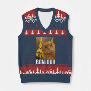 Funny Cat Bonjour V-Neck Knit Sweater Vest Paris France Eiffel Tower Orange Cat Meme TS10 Navy Red Print Your Wear