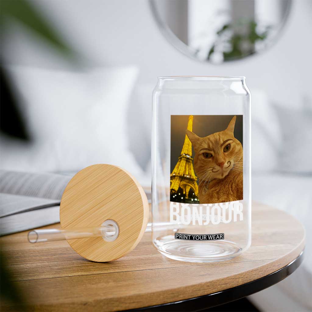 Funny Cat Bonjour Glass Can Paris France Eiffel Tower Orange Cat Meme TS10 Print Your Wear