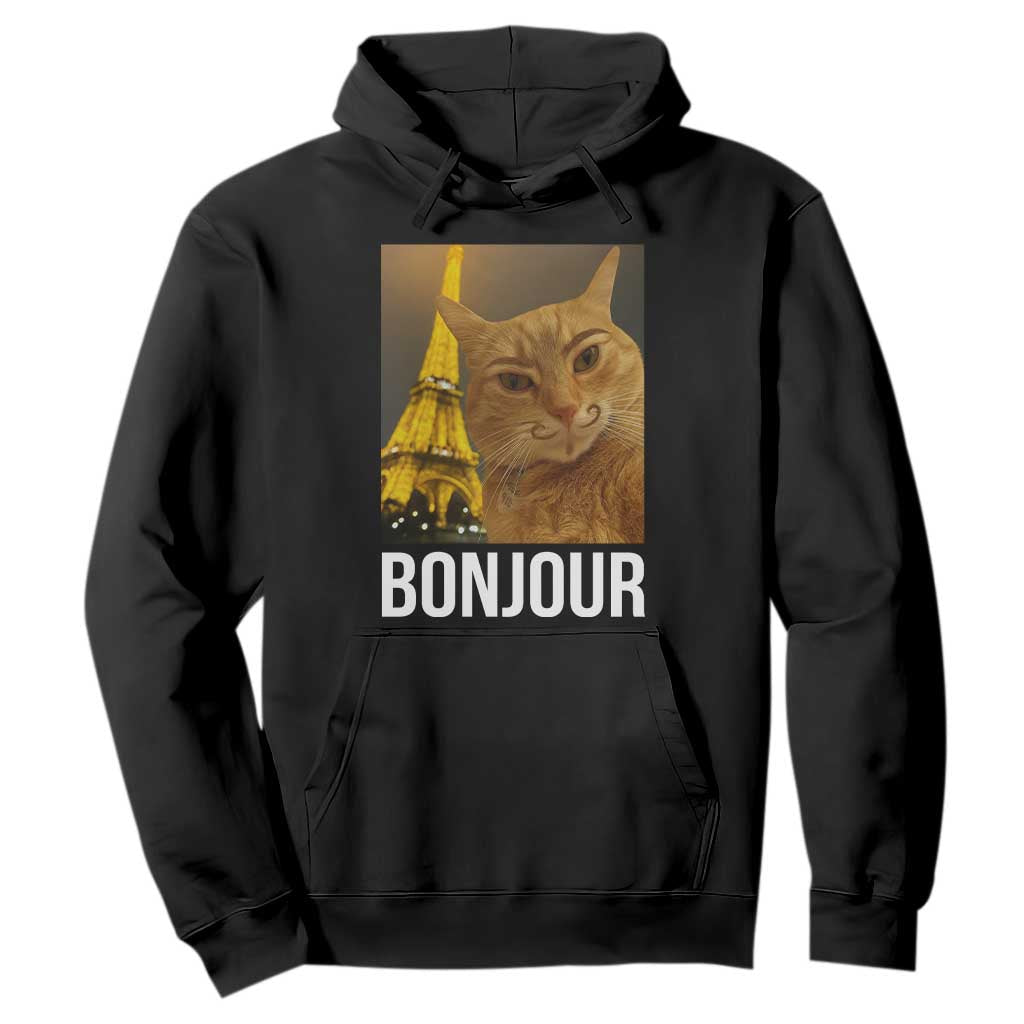 Funny Cat Bonjour Hoodie Paris France Eiffel Tower Orange Cat Meme TS10 Black Print Your Wear