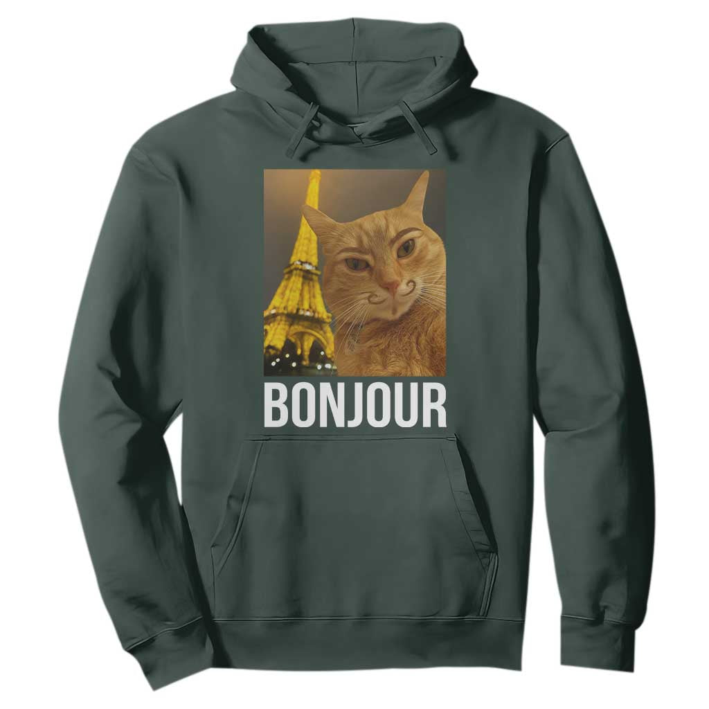 Funny Cat Bonjour Hoodie Paris France Eiffel Tower Orange Cat Meme TS10 Dark Forest Green Print Your Wear