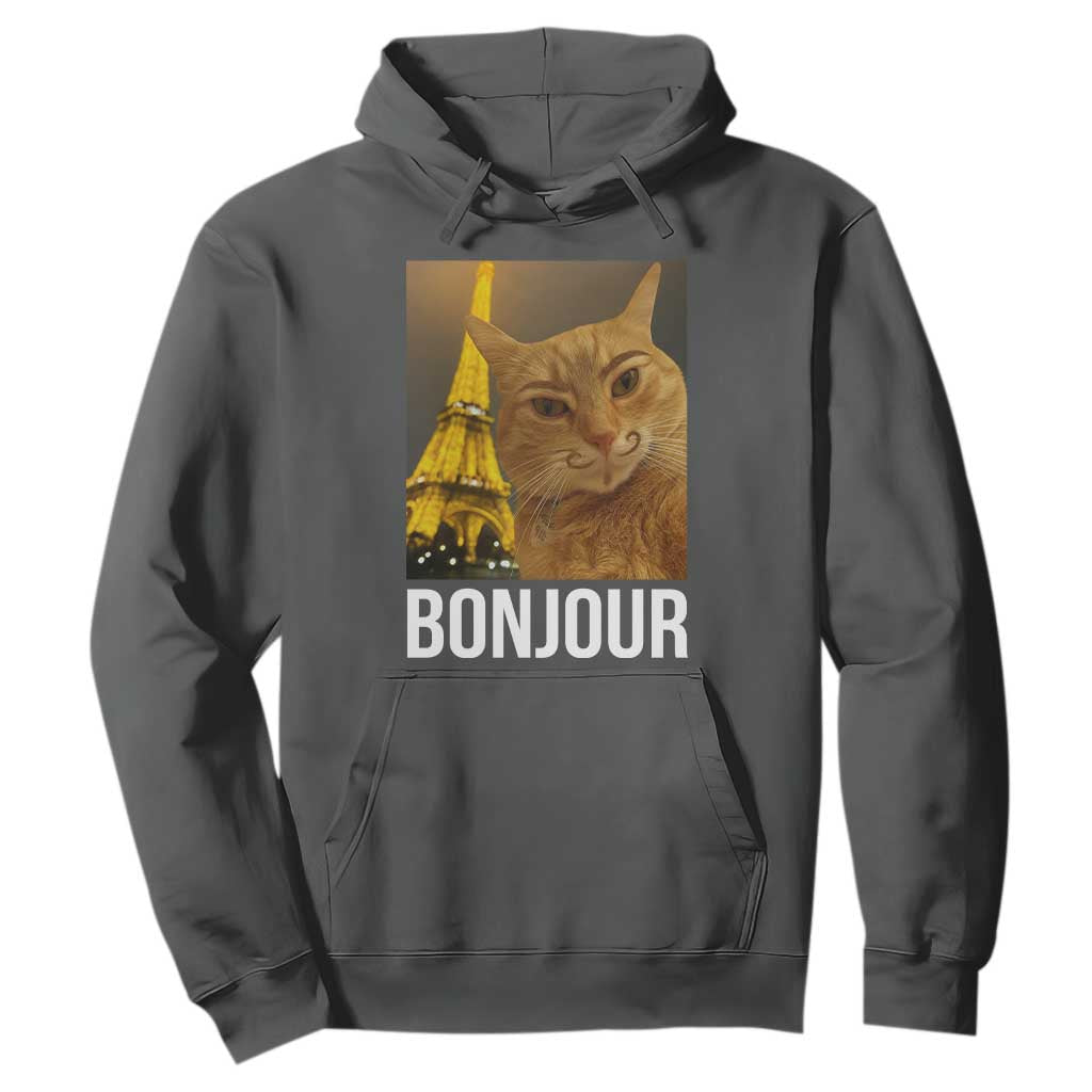 Funny Cat Bonjour Hoodie Paris France Eiffel Tower Orange Cat Meme TS10 Dark Heather Print Your Wear
