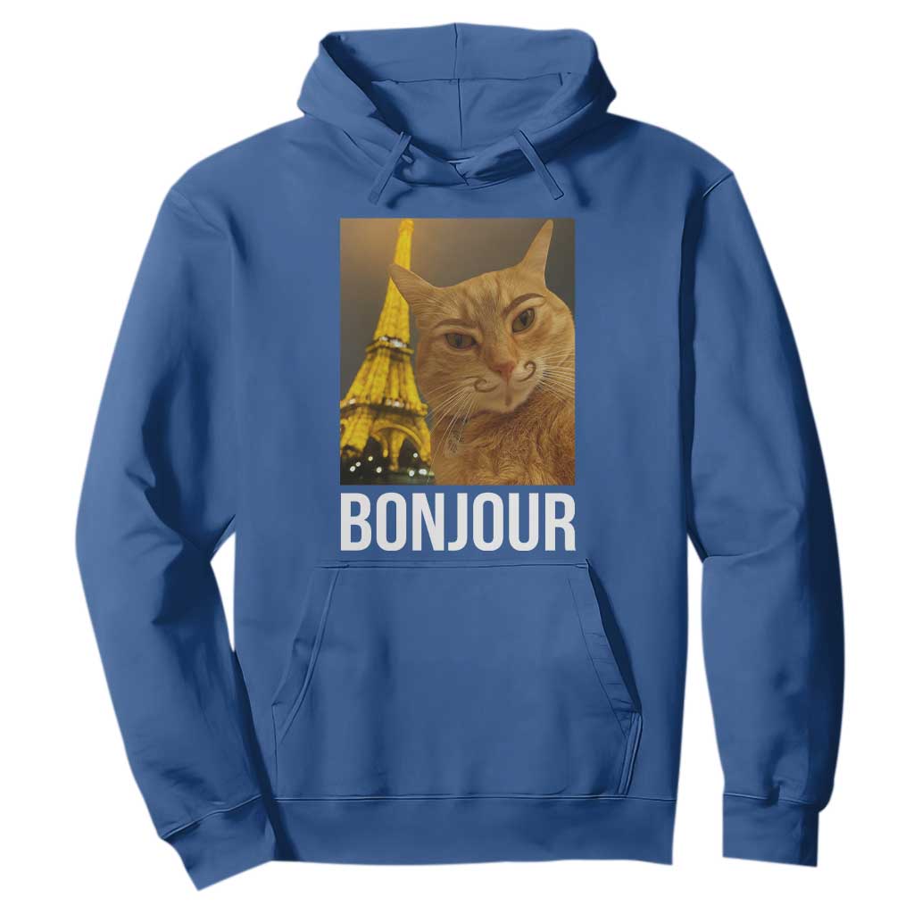 Funny Cat Bonjour Hoodie Paris France Eiffel Tower Orange Cat Meme TS10 Royal Blue Print Your Wear