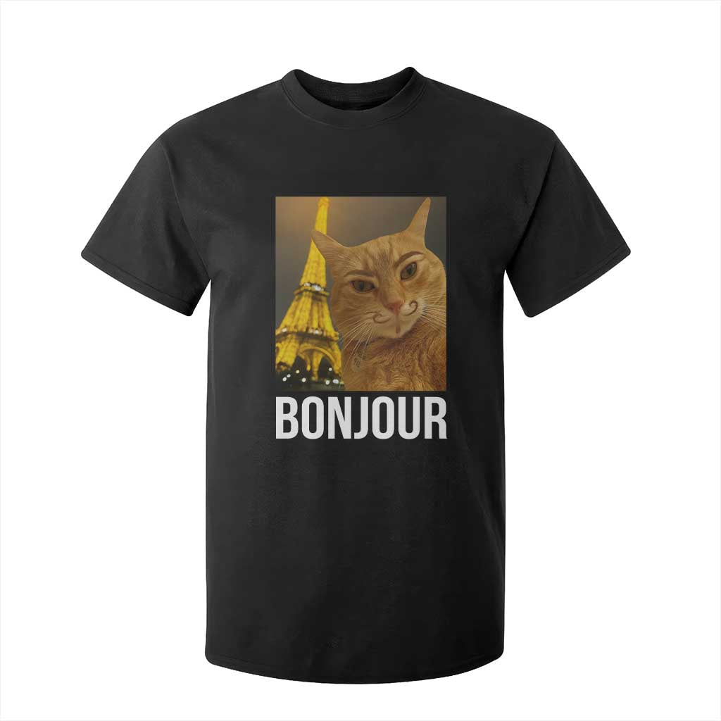 Funny Cat Bonjour T Shirt For Kid Paris France Eiffel Tower Orange Cat Meme TS10 Black Print Your Wear