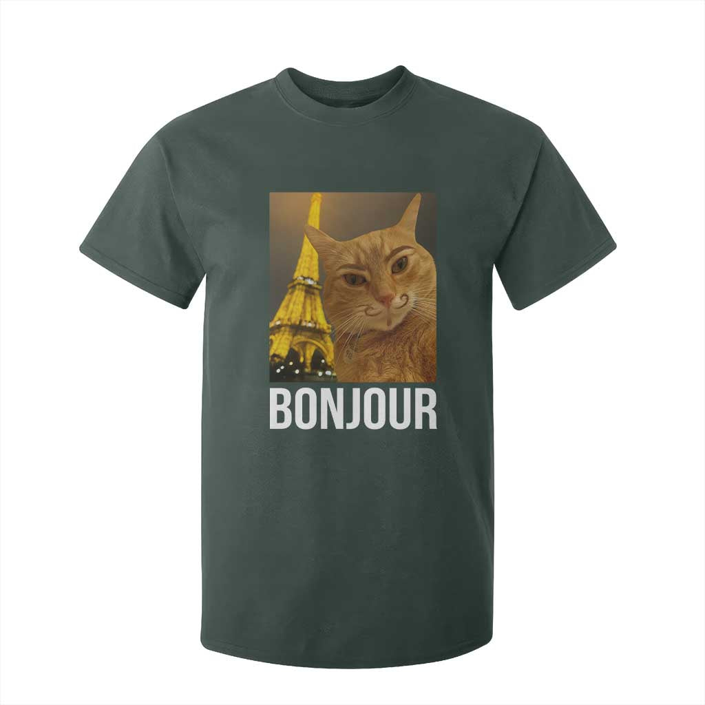 Funny Cat Bonjour T Shirt For Kid Paris France Eiffel Tower Orange Cat Meme TS10 Dark Forest Green Print Your Wear