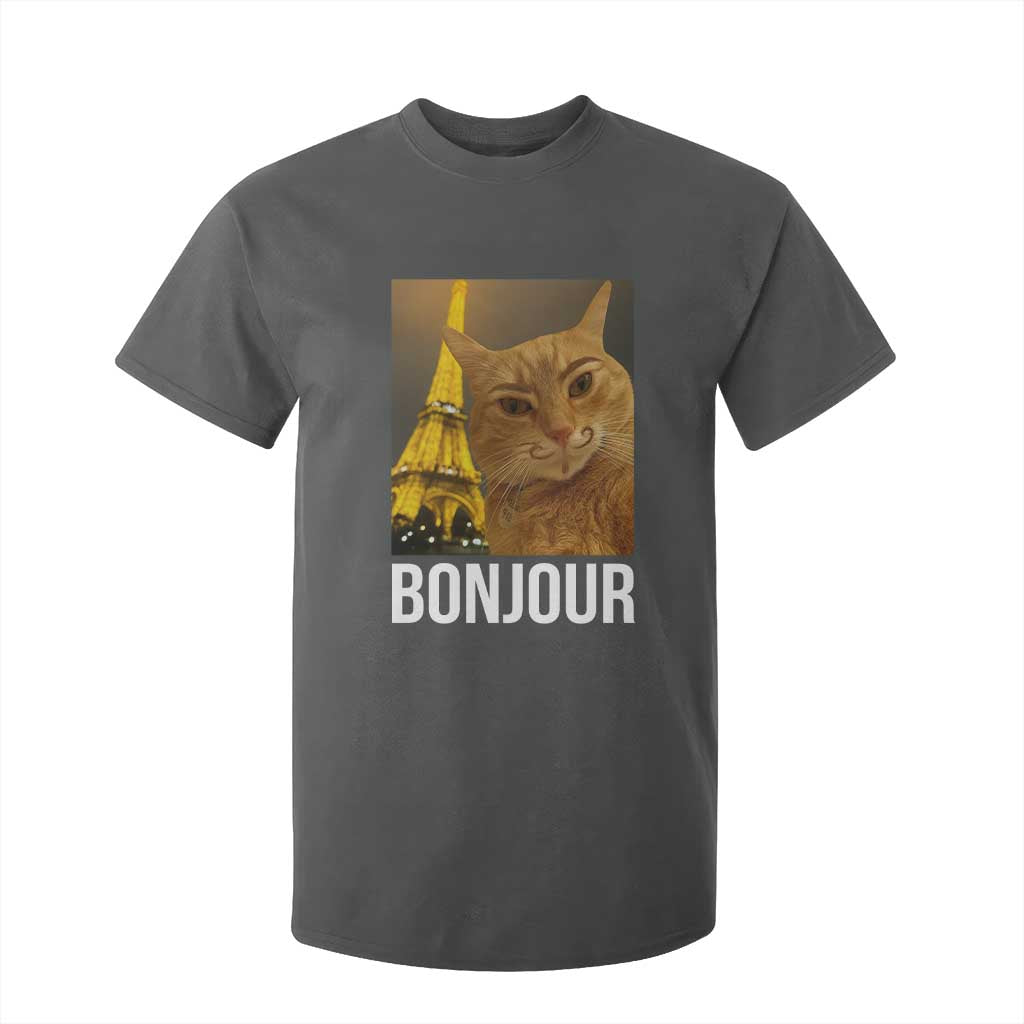 Funny Cat Bonjour T Shirt For Kid Paris France Eiffel Tower Orange Cat Meme TS10 Dark Heather Print Your Wear