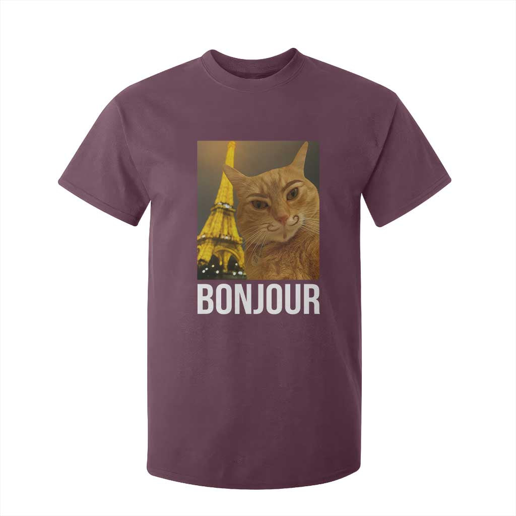 Funny Cat Bonjour T Shirt For Kid Paris France Eiffel Tower Orange Cat Meme TS10 Maroon Print Your Wear