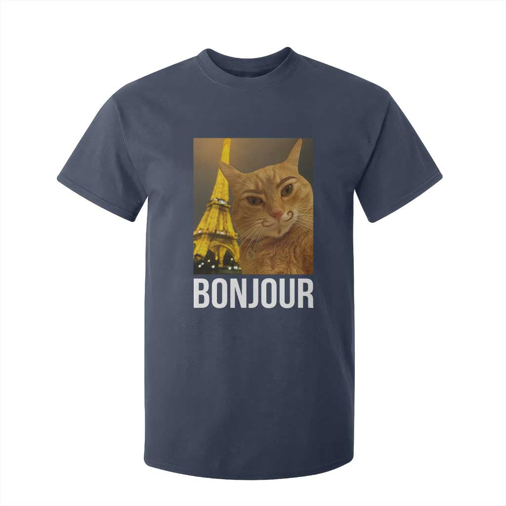 Funny Cat Bonjour T Shirt For Kid Paris France Eiffel Tower Orange Cat Meme TS10 Navy Print Your Wear
