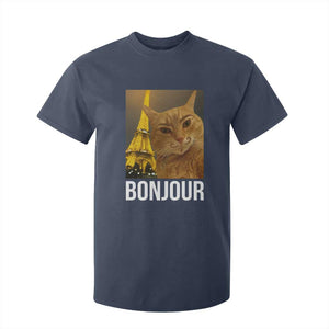 Funny Cat Bonjour T Shirt For Kid Paris France Eiffel Tower Orange Cat Meme TS10 Navy Print Your Wear