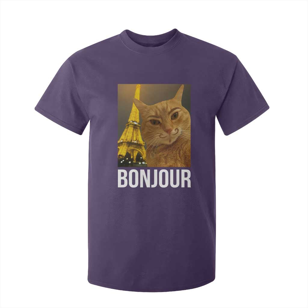 Funny Cat Bonjour T Shirt For Kid Paris France Eiffel Tower Orange Cat Meme TS10 Purple Print Your Wear