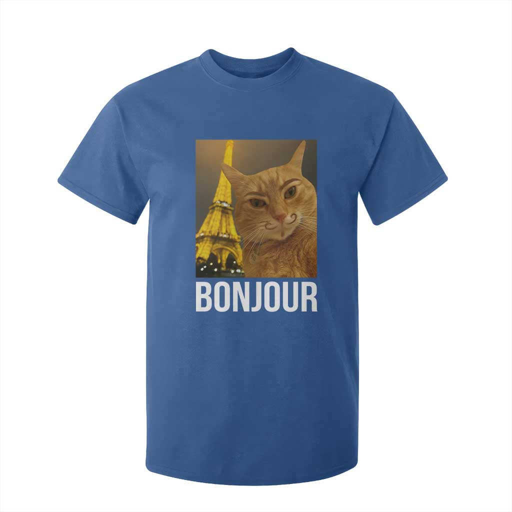 Funny Cat Bonjour T Shirt For Kid Paris France Eiffel Tower Orange Cat Meme TS10 Royal Blue Print Your Wear