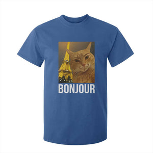 Funny Cat Bonjour T Shirt For Kid Paris France Eiffel Tower Orange Cat Meme TS10 Royal Blue Print Your Wear