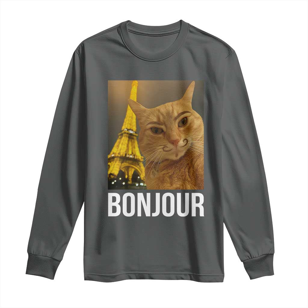 Funny Cat Bonjour Long Sleeve Shirt Paris France Eiffel Tower Orange Cat Meme TS10 Dark Heather Print Your Wear