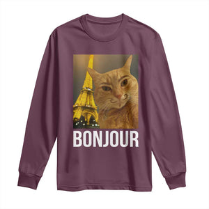Funny Cat Bonjour Long Sleeve Shirt Paris France Eiffel Tower Orange Cat Meme TS10 Maroon Print Your Wear