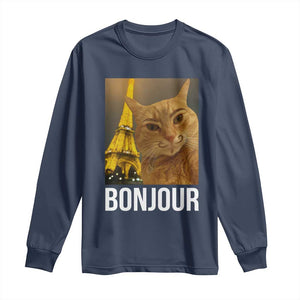 Funny Cat Bonjour Long Sleeve Shirt Paris France Eiffel Tower Orange Cat Meme TS10 Navy Print Your Wear