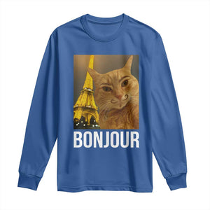 Funny Cat Bonjour Long Sleeve Shirt Paris France Eiffel Tower Orange Cat Meme TS10 Royal Blue Print Your Wear