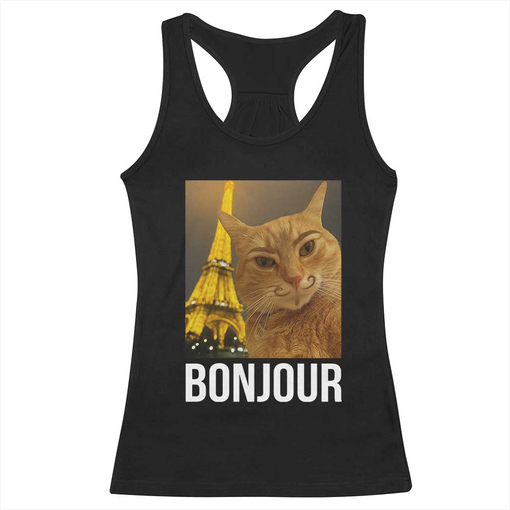 Funny Cat Bonjour Racerback Tank Top Paris France Eiffel Tower Orange Cat Meme TS10 Black Print Your Wear