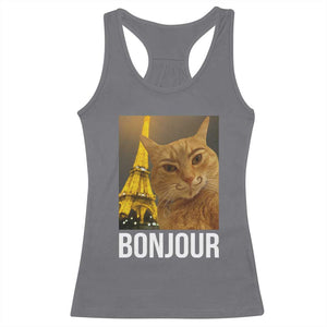 Funny Cat Bonjour Racerback Tank Top Paris France Eiffel Tower Orange Cat Meme - Print Your Wear