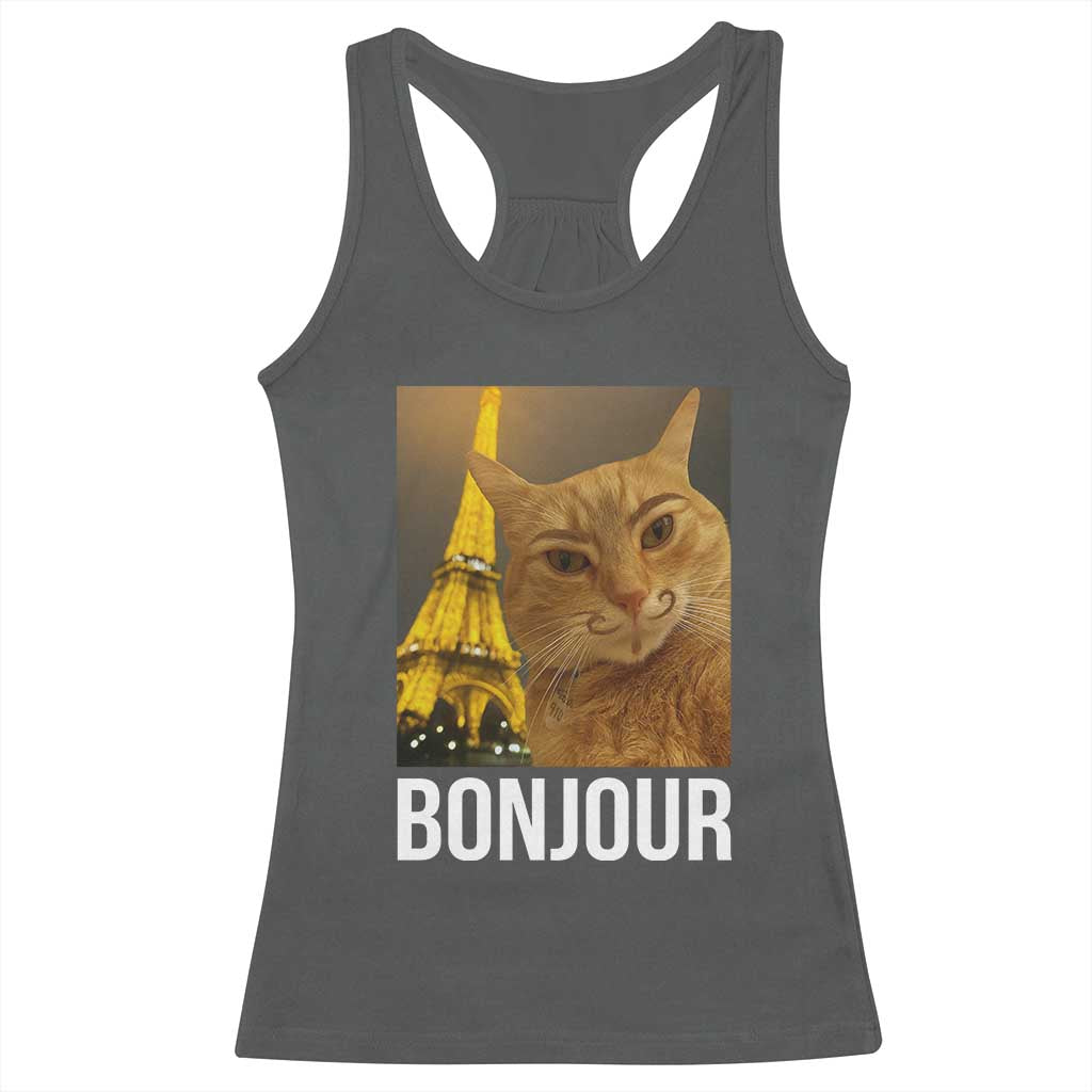 Funny Cat Bonjour Racerback Tank Top Paris France Eiffel Tower Orange Cat Meme TS10 Dark Heather Print Your Wear