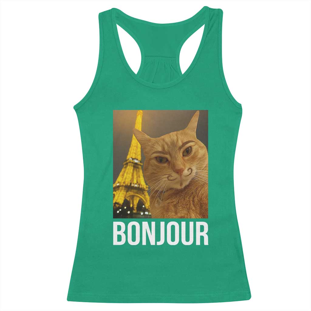 Funny Cat Bonjour Racerback Tank Top Paris France Eiffel Tower Orange Cat Meme TS10 Irish Green Print Your Wear