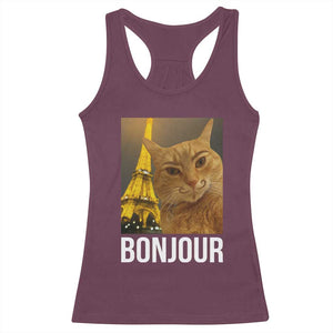 Funny Cat Bonjour Racerback Tank Top Paris France Eiffel Tower Orange Cat Meme TS10 Maroon Print Your Wear