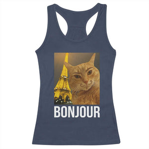 Funny Cat Bonjour Racerback Tank Top Paris France Eiffel Tower Orange Cat Meme TS10 Navy Print Your Wear