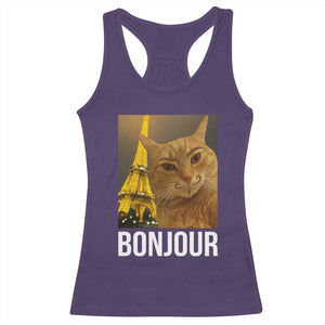 Funny Cat Bonjour Racerback Tank Top Paris France Eiffel Tower Orange Cat Meme TS10 Purple Print Your Wear