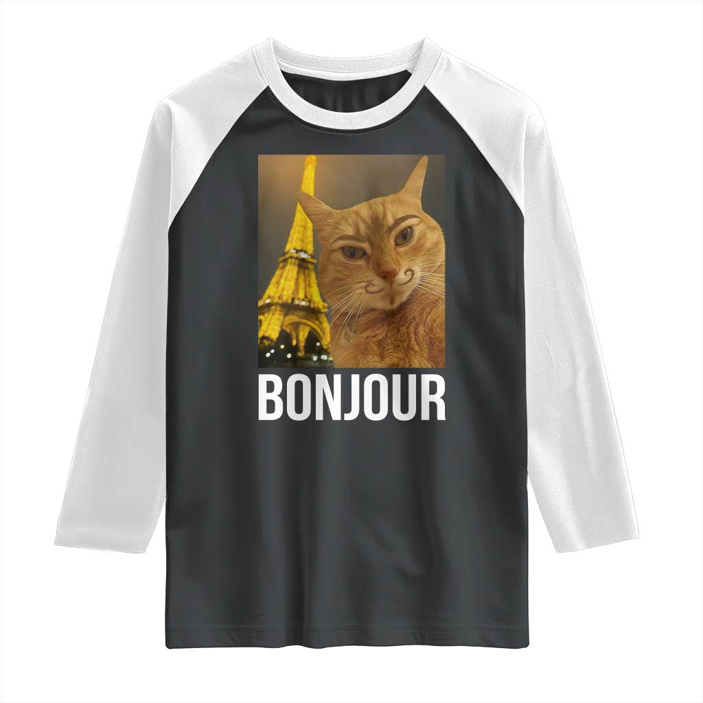 Funny Cat Bonjour Raglan Shirt Paris France Eiffel Tower Orange Cat Meme TS10 Black White Print Your Wear