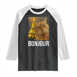 Funny Cat Bonjour Raglan Shirt Paris France Eiffel Tower Orange Cat Meme TS10 Black White Print Your Wear