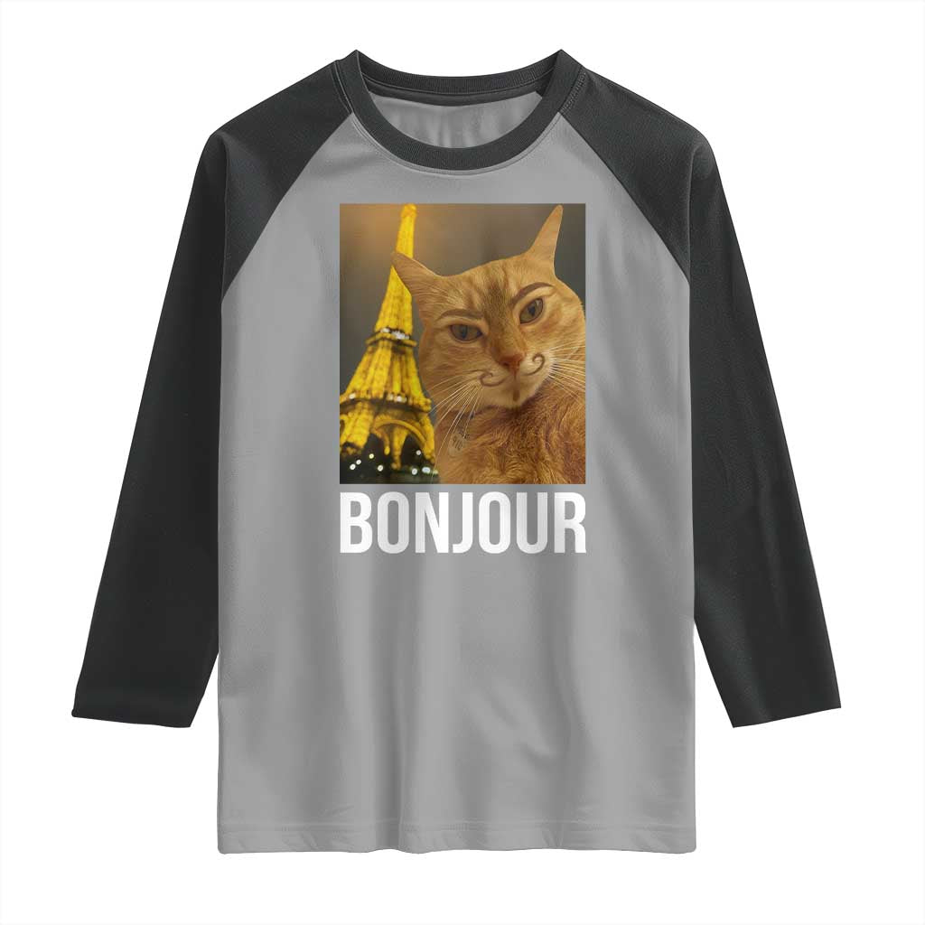 Funny Cat Bonjour Raglan Shirt Paris France Eiffel Tower Orange Cat Meme TS10 Sport Gray Black Print Your Wear