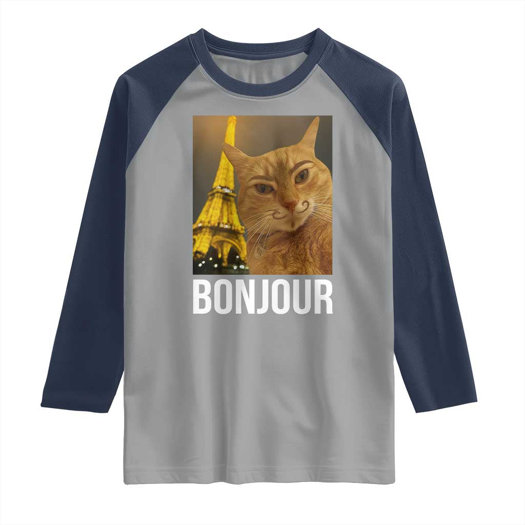 Funny Cat Bonjour Raglan Shirt Paris France Eiffel Tower Orange Cat Meme TS10 Sport Gray Navy Print Your Wear