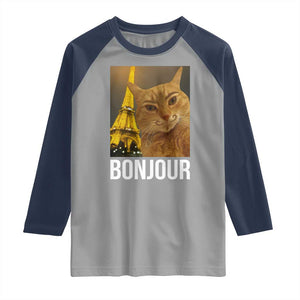 Funny Cat Bonjour Raglan Shirt Paris France Eiffel Tower Orange Cat Meme TS10 Sport Gray Navy Print Your Wear