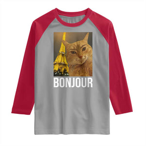 Funny Cat Bonjour Raglan Shirt Paris France Eiffel Tower Orange Cat Meme TS10 Sport Gray Red Print Your Wear