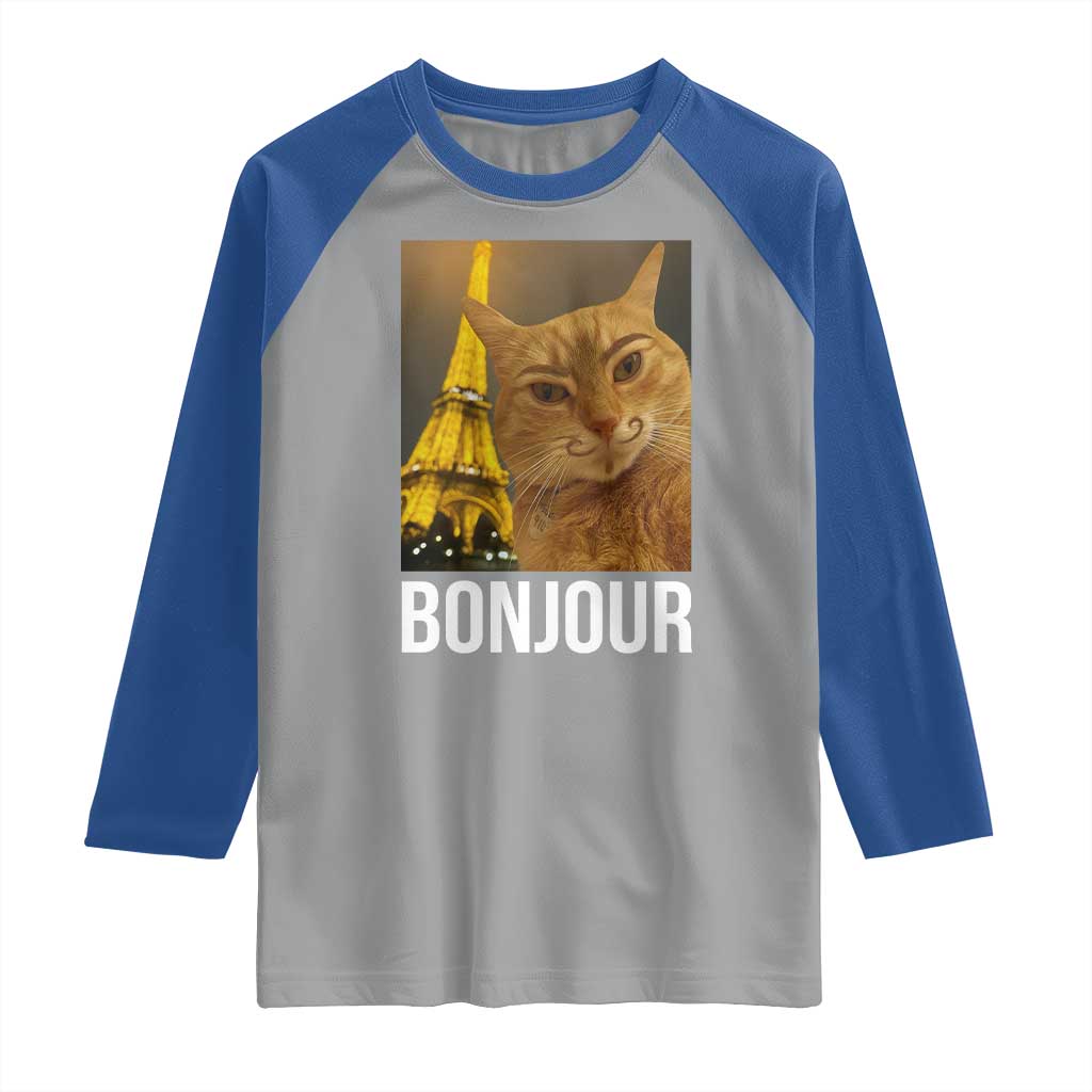 Funny Cat Bonjour Raglan Shirt Paris France Eiffel Tower Orange Cat Meme TS10 Sport Gray Royal Print Your Wear