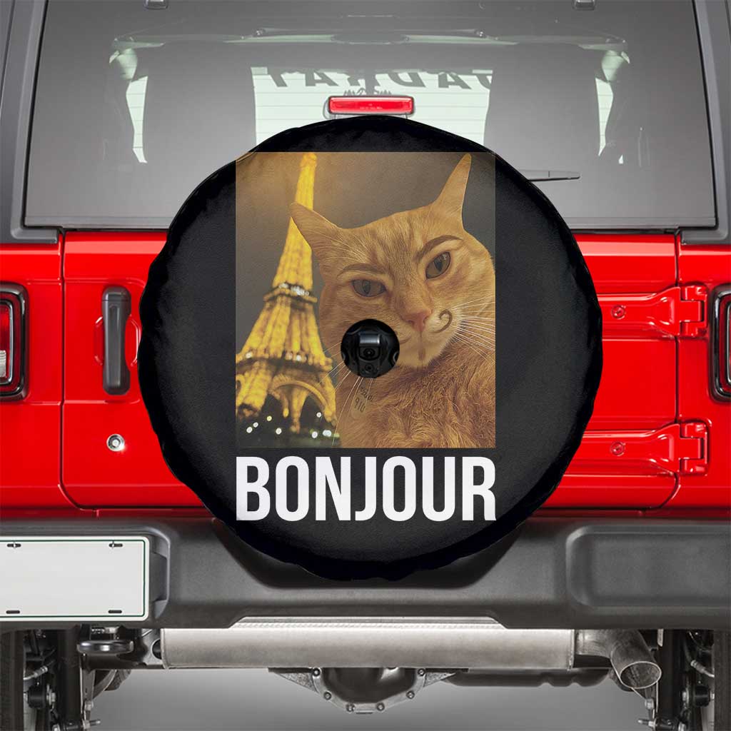 Funny Cat Bonjour Spare Tire Cover Paris France Eiffel Tower Orange Cat Meme TS10 Black Print Your Wear