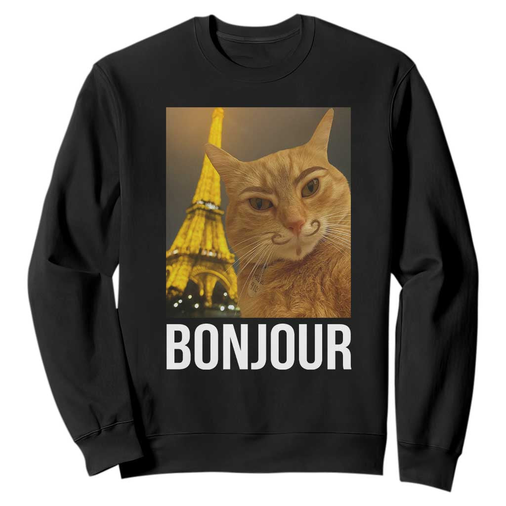 Funny Cat Bonjour Sweatshirt Paris France Eiffel Tower Orange Cat Meme TS10 Black Print Your Wear