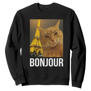 Funny Cat Bonjour Sweatshirt Paris France Eiffel Tower Orange Cat Meme TS10 Black Print Your Wear