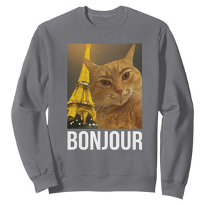 Funny Cat Bonjour Sweatshirt Paris France Eiffel Tower Orange Cat Meme TS10 Charcoal Print Your Wear