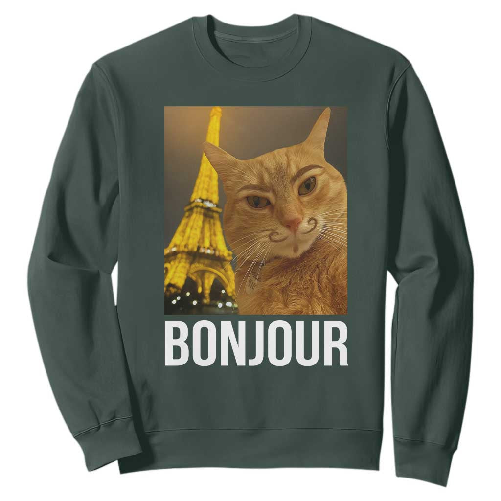 Funny Cat Bonjour Sweatshirt Paris France Eiffel Tower Orange Cat Meme TS10 Dark Forest Green Print Your Wear
