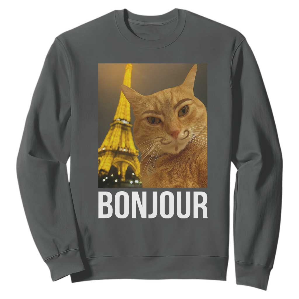Funny Cat Bonjour Sweatshirt Paris France Eiffel Tower Orange Cat Meme TS10 Dark Heather Print Your Wear